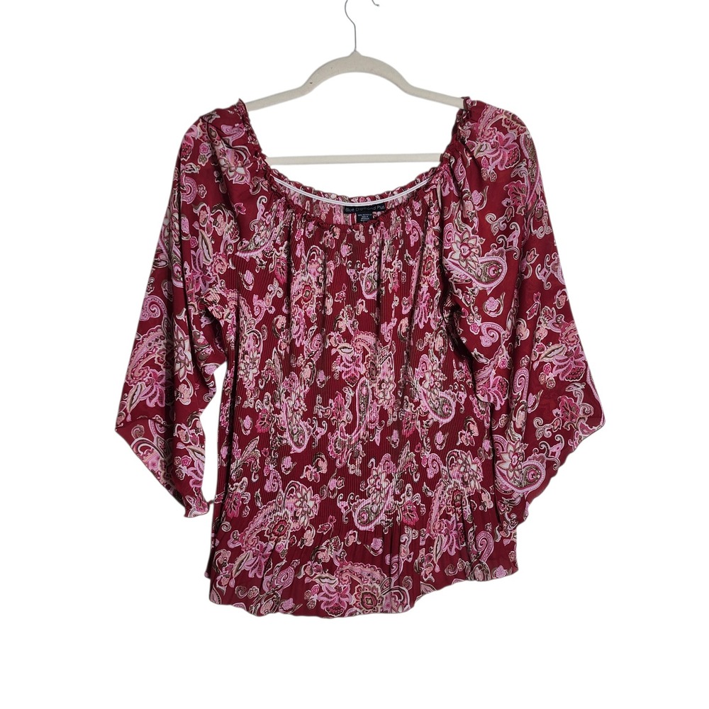 Blue‎ Diamond Plus Red Paisley Pleated Square Neck Bell Sleeve Blouse 24W